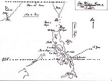 a black and white sketched map of philippine islands and nearby locations identified in spanish in long hand script and dots depicting 10 degrees north latitude and a route from manila towards guam.
