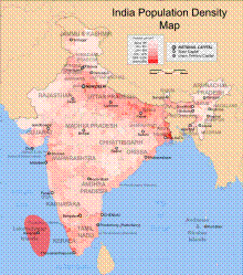 map of india. high population density areas (above 1000 persons per square kilometer) are the lakshadweep islands, kolkata and other parts of the ganga (ganges) river basin, mumbai, bangalore, and the southwest coast. low density areas (below 100) include the western desert, east kashmir, and the eastern frontier.